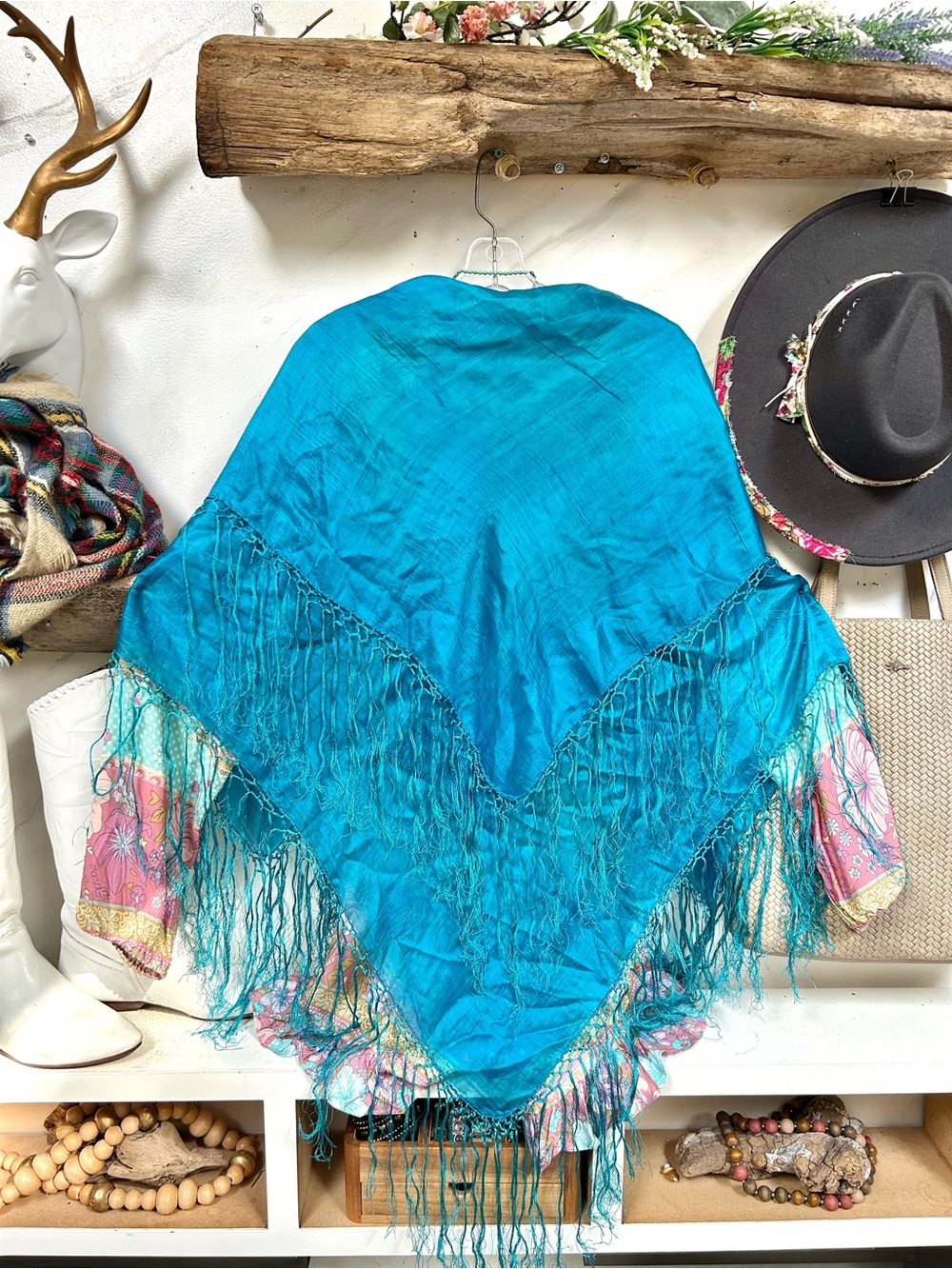 Fringe SILK large boho scarf/body wrap in Teal w resort vacay beach hippy vibe